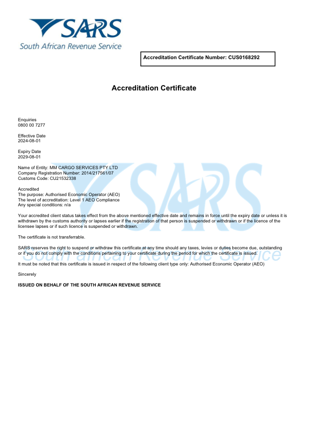 Preview of SARS AEO Accreditation Certificate issued to MM Cargo Services PTY LTD